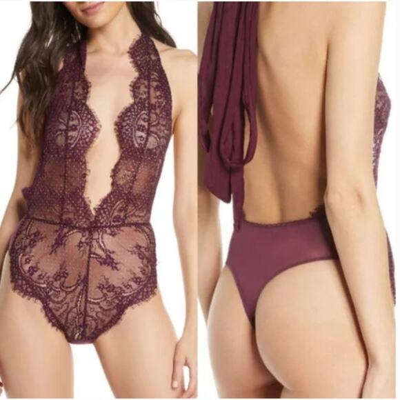 NWT Free People Show Off Fig Purple Sheer Lace Halter Bodysuit S - Picture 2 of 11
